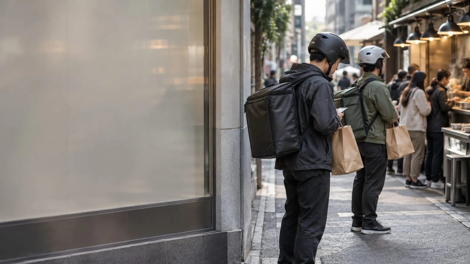 Two delivery couriers in helmets with insulated backpacks and paper bags on a busy street, one checking his phone